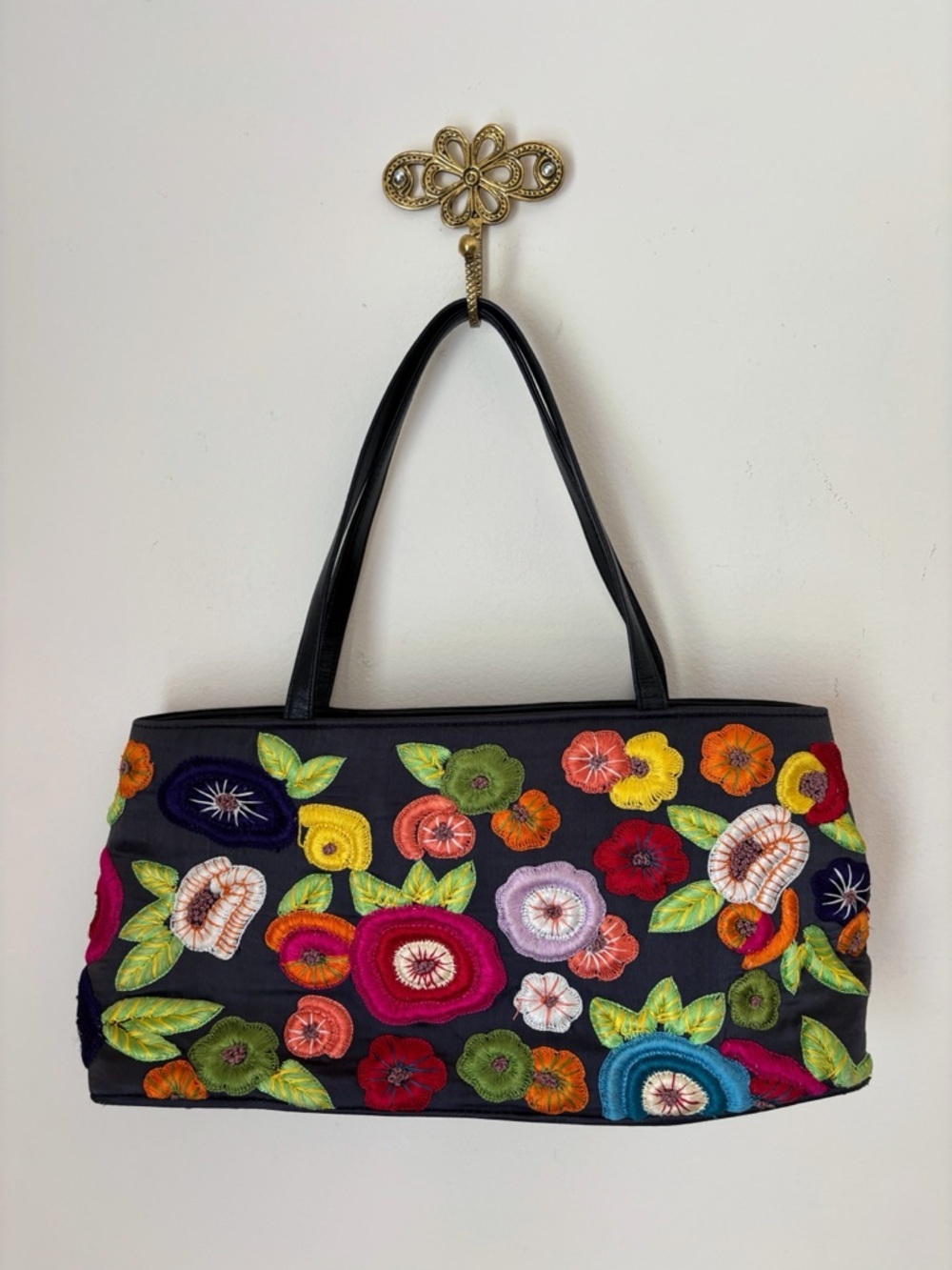 Santi Vibrant Embroidered Floral Satin Shoulder Bag - Picture 2 of 5